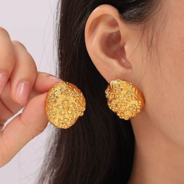 Wholesale 316L Stainless Steel Women's Irregular Bump Texture Geometric Carved Flower Shape Earrings With Electroplating