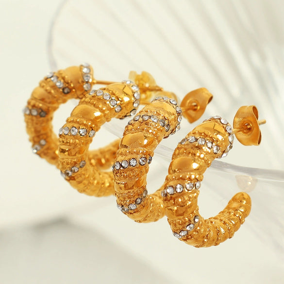 Wholesale 316L Stainless Steel Women's Jewelry Electroplated C Type Hemp Pattern Diamond Earrings