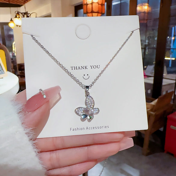 Wholesale Titanium Steel Women's Light Luxury Animals Butterfly Pendant Necklace With Mixed Gem Inlay And Zircon Design