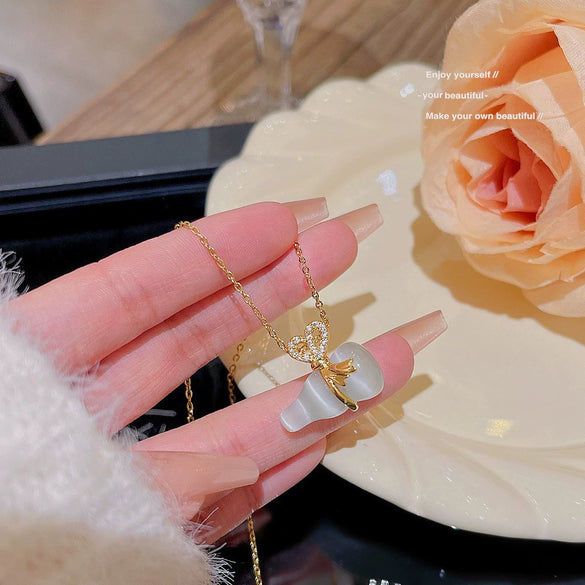 Wholesale Titanium Steel Women's Light Luxury Animals Butterfly Pendant Necklace With Mixed Gem Inlay And Zircon Design