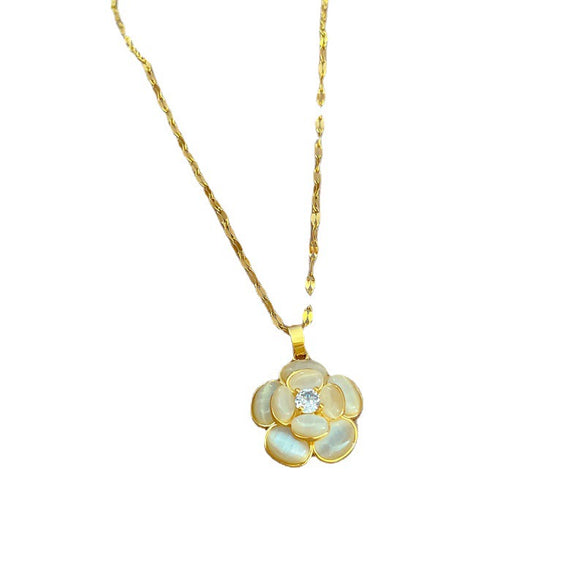 Wholesale Titanium Steel Women's Light Luxury Geometric Cat's Eye Flower Transparent Real Gold Necklace Accessories