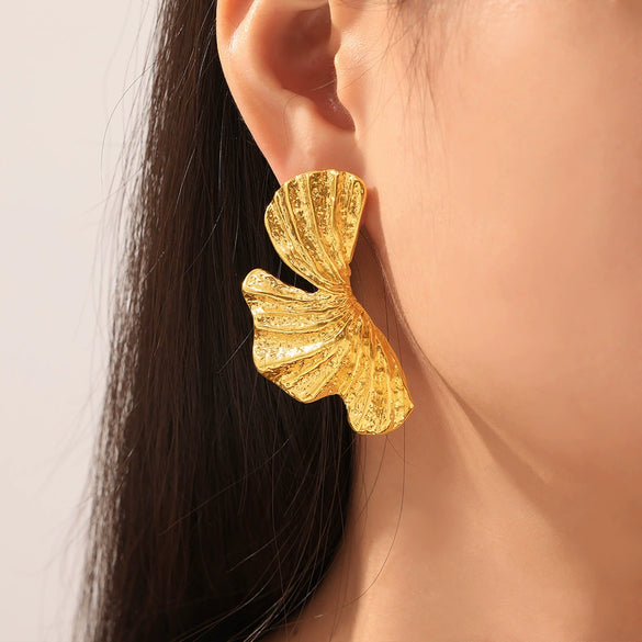 Wholesale 316L Stainless Steel Women's Mori Style Geometric Multilayer Texture Petal Design Electroplated Earrings