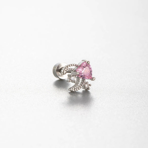Wholesale Titanium Steel Women's Pink Cherry Shaped Ear Studs Inlaid With Zircon Princess Style