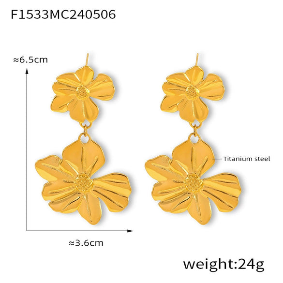 Wholesale 316L Stainless Steel Women's Retro Elegant Two Layer Texture Flower Geometric Earrings With Electroplating Design