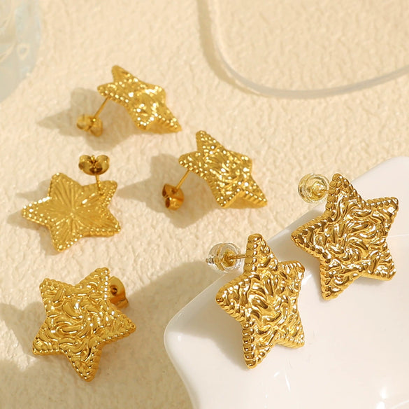 Wholesale 316L Stainless Steel Women's Retro Geometric Star Earrings With Pleated Texture And Electroplating Design
