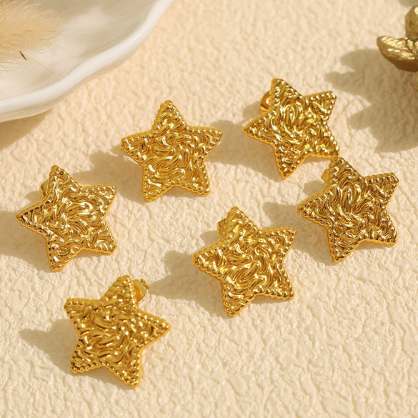 Wholesale 316L Stainless Steel Women's Retro Geometric Star Earrings With Pleated Texture And Electroplating Design