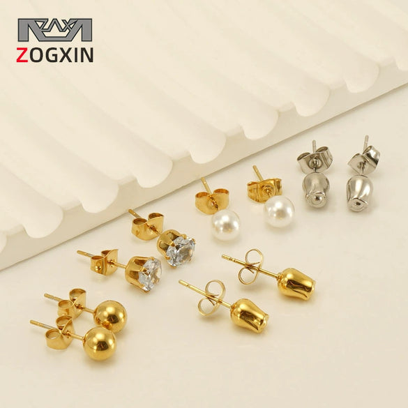 Wholesale 316L Stainless Steel Women's Simple Geometric Design Electroplated Earrings With Steel Beads And Rose Pearl