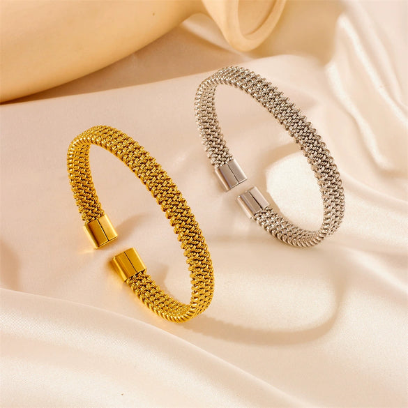 Wholesale Titanium Steel Woven Flat Cshaped Open Twist Snake Bone Honeycomb Electroplated Bracelet For Men And Women
