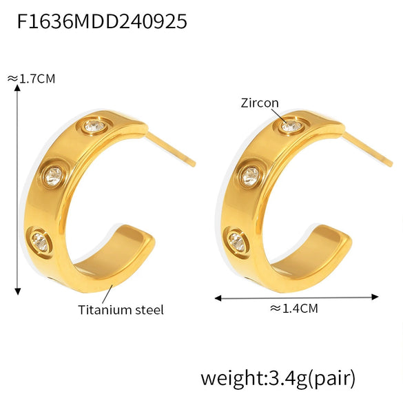 Wholesale 316L Stainless Steel Zircon Cshaped Geometric Earrings 18K Goldplated Simple Cold Style For Women