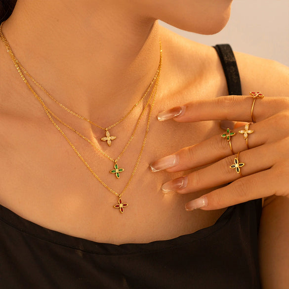 Wholesale 316L Stainless Steel Zircon Fourpetal Flower Pendant Collarbone Necklace For Women 18K Gold Plated