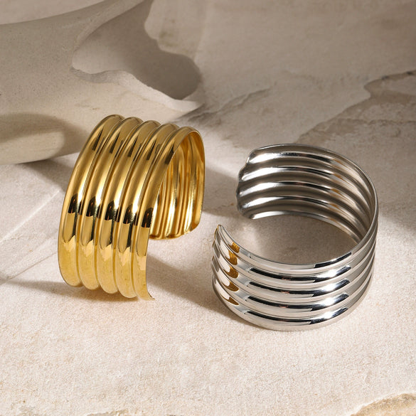 Wholesale Trend Jewelry Retro Style Geometric Stainless Steel Multilayer Tube Smooth Opening Bracelet With Electroplating
