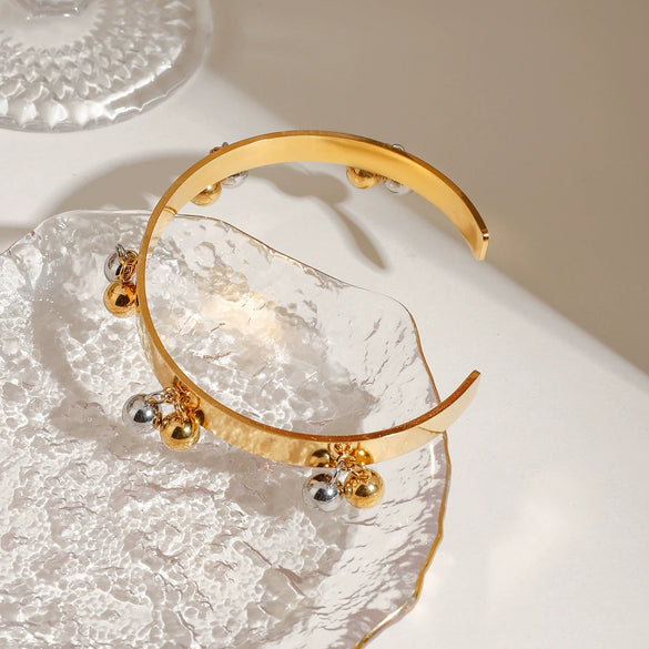 Wholesale Trend Jewelry Stainless Steel Open Bracelet With 18K Gold Electroplated Geometric Style And Gold And Silver Color Matching Personality Beads