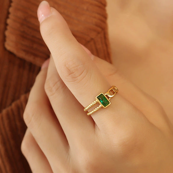 Wholesale Trendy Inlaid Green And White Zircon Open Ring In Ins Style Titanium Steel Geometric Forged And Electroplated Jewelry For Women