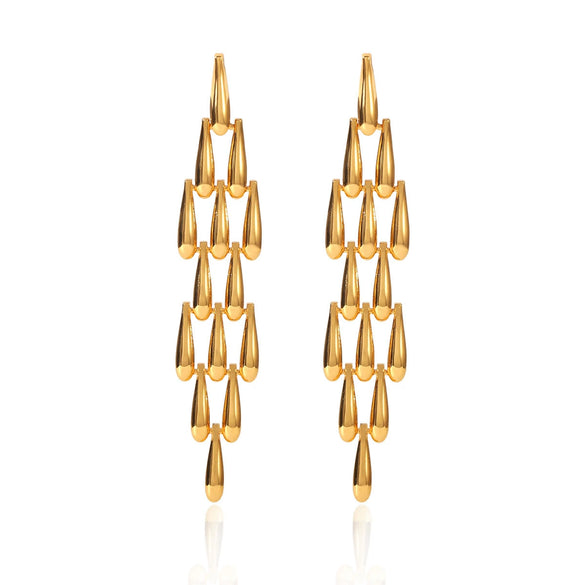 Wholesale Trendy Women's Long Tassel Stainless Steel Earrings With Waterdrop Weaving And Stitching Geometric Design Electroplated