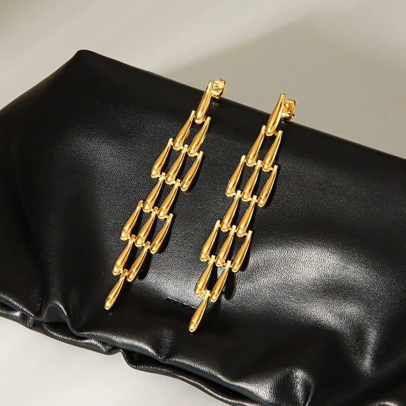 Wholesale Trendy Women's Long Tassel Stainless Steel Earrings With Waterdrop Weaving And Stitching Geometric Design Electroplated
