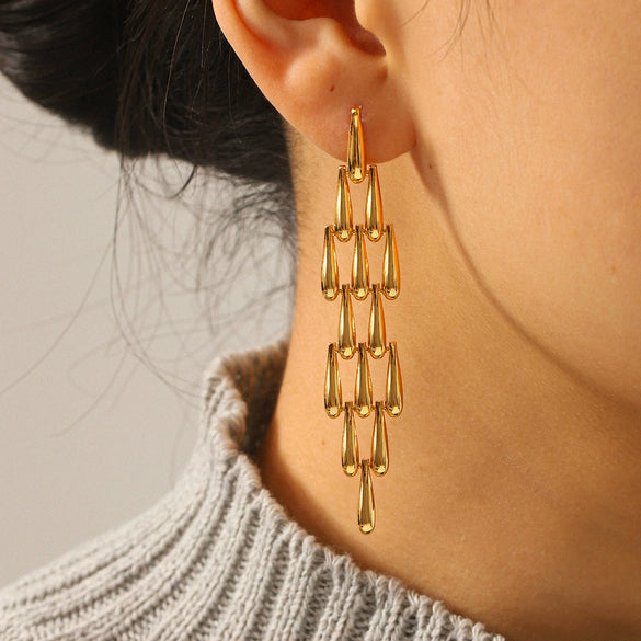 Wholesale Trendy Women's Long Tassel Stainless Steel Earrings With Waterdrop Weaving And Stitching Geometric Design Electroplated