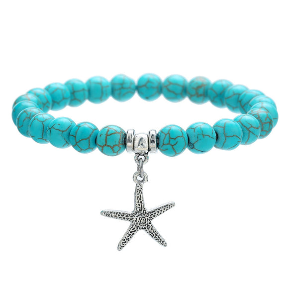 Wholesale Turquoise Alloy Beaded Bracelet With Cross Starfish Turtle Eyes Geometric Pattern Handmade