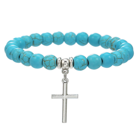 Wholesale Turquoise Alloy Beaded Bracelet With Cross Starfish Turtle Eyes Geometric Pattern Handmade