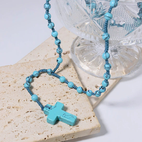 Wholesale Turquoise Beads Stacked Sweater Chain Necklace With Cross Pendant Purely Handmade