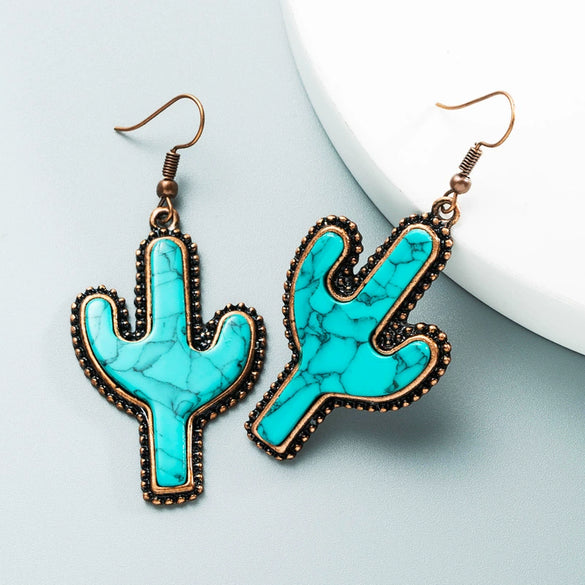 Wholesale Turquoise Cactus Flower Personality Exaggerated Women's Earrings
