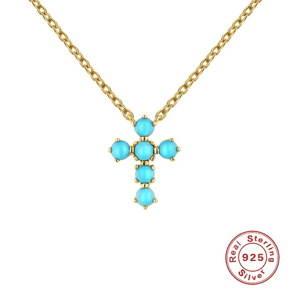 Wholesale Turquoise Geometric Round Cross Drop Pendant Necklace For Women Silver 925 And Zircon With Electroplating O Chain