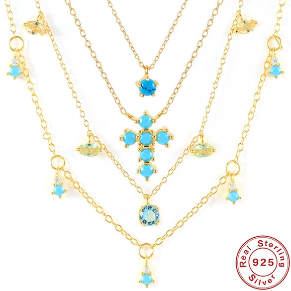 Wholesale Turquoise Geometric Round Cross Drop Pendant Necklace For Women Silver 925 And Zircon With Electroplating O Chain