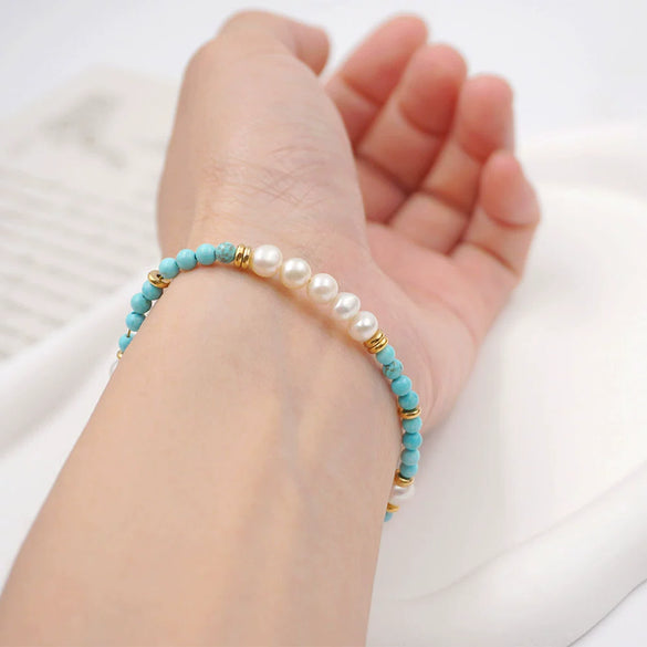 Wholesale Turquoise Handmade Geometric Baroque Pearl Necklace And Bracelet For Women