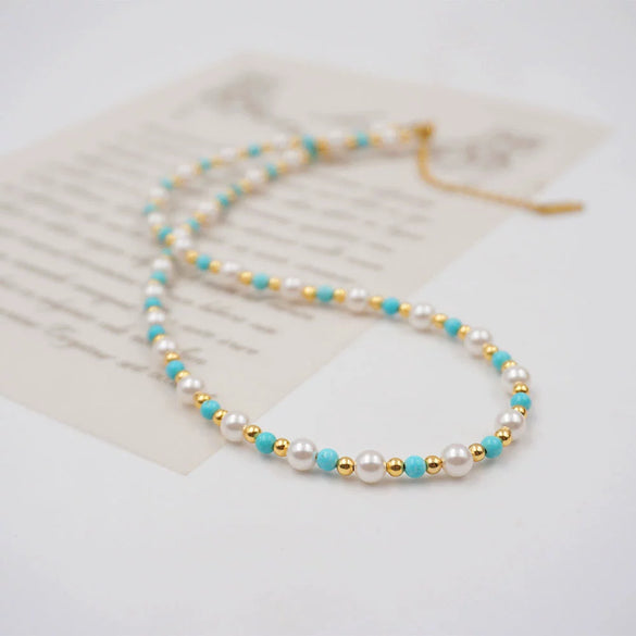 Wholesale Turquoise Imitation Pearl Beaded Geometric Handmade Necklace And Bracelet For Women