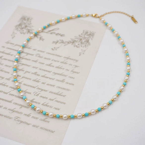 Wholesale Turquoise Imitation Pearl Beaded Geometric Handmade Necklace And Bracelet For Women