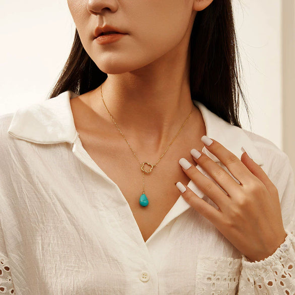 Wholesale Turquoise Jewelry Fourleaf Clover Geometric Retro Pendant 925 Sterling Silver Necklace With Electroplating For Women