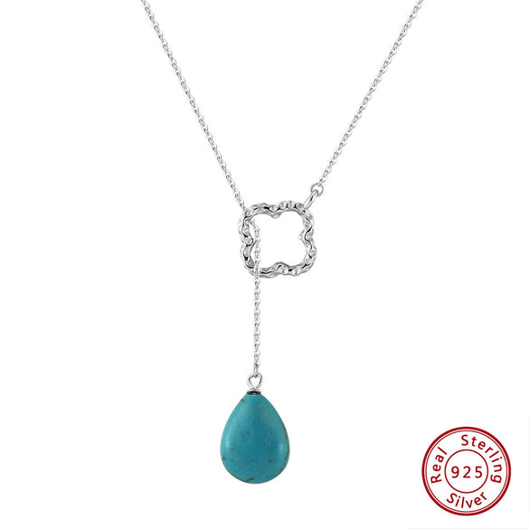 Wholesale Turquoise Jewelry Fourleaf Clover Geometric Retro Pendant 925 Sterling Silver Necklace With Electroplating For Women