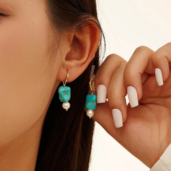Wholesale Turquoise Pearl Drop Earrings For Women Geometric Style Electroplated