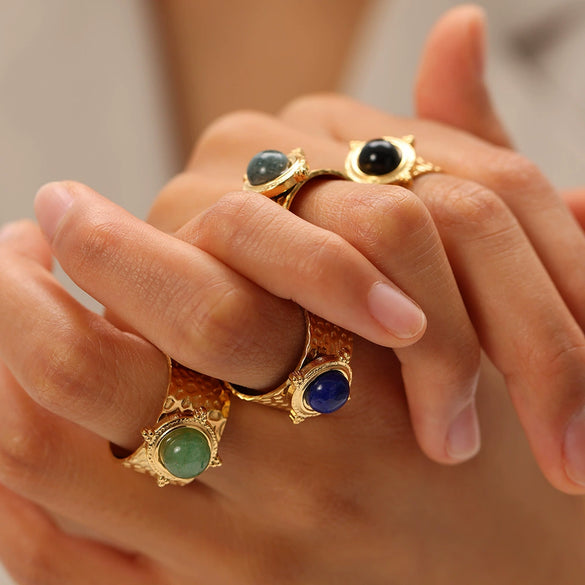 Wholesale Turquoise Ring With Natural Stone Stainless Steel Geometric Pattern Pvd Real Gold Plating For Girls Retro Style