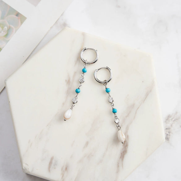 Wholesale Turquoise Shell Pearl Zircon Retro Tassel Earrings S925 Sterling Silver Geometric Elegant Electroplated Jewelry For Women