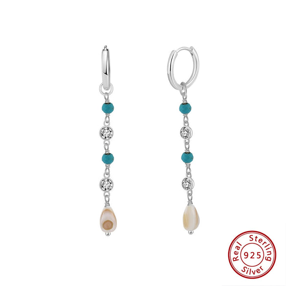 Wholesale Turquoise Shell Pearl Zircon Retro Tassel Earrings S925 Sterling Silver Geometric Elegant Electroplated Jewelry For Women