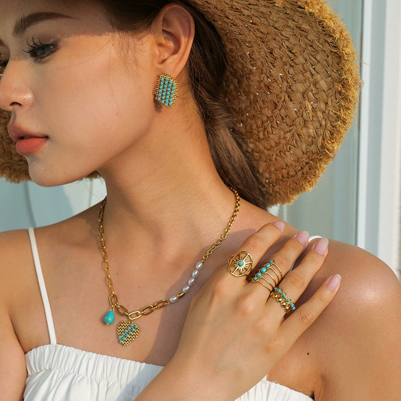 Wholesale Turquoise Stainless Steel Open Ring With Geometric Style And Electroplating Treatment