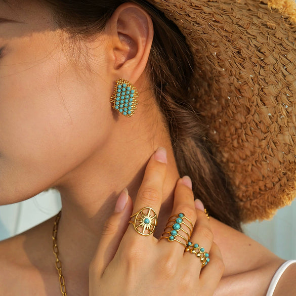 Wholesale Turquoise Stainless Steel Open Ring With Geometric Style And Electroplating Treatment