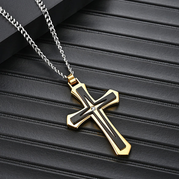 Wholesale Twocolor Cross Drop Shape Pendant Necklace For Men Made Of 316 Stainless Steel With Electroplating