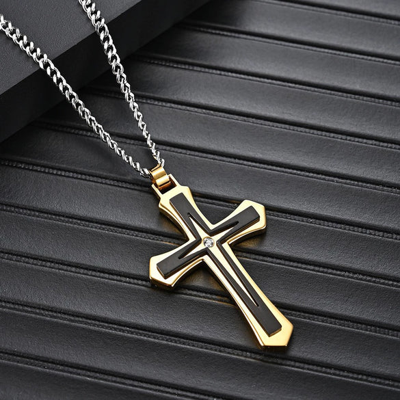 Wholesale Twocolor Cross Drop Shape Pendant Necklace For Men Made Of 316 Stainless Steel With Electroplating