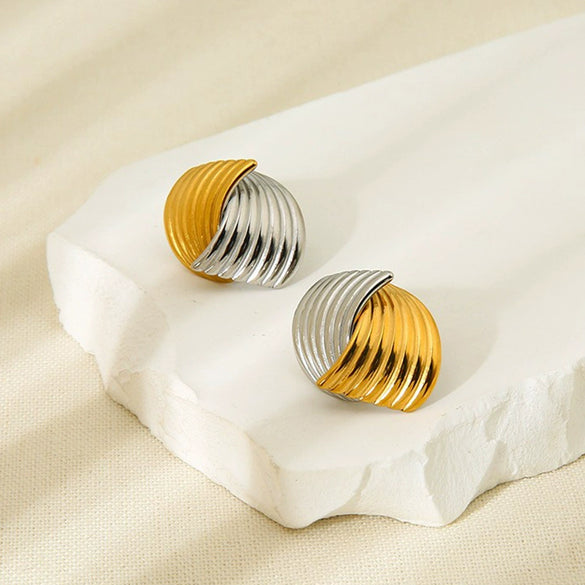 Wholesale Twotone Geometric Patchwork 18K Gold Plated Stainless Steel Earrings For Women
