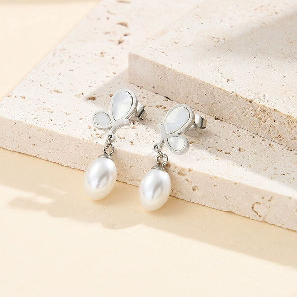Wholesale Unique Motherofpearl Pearl Butterfly Earrings For Women Electroplated Stainless Steel Geometric Design