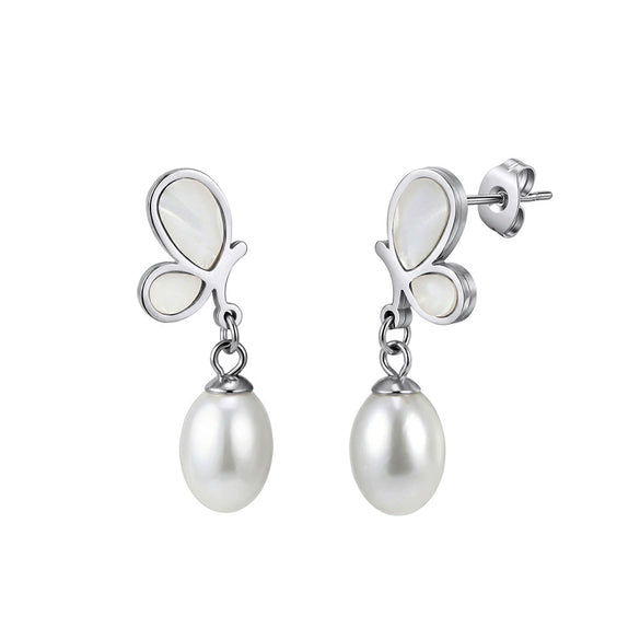 Wholesale Unique Motherofpearl Pearl Butterfly Earrings For Women Electroplated Stainless Steel Geometric Design