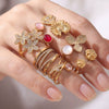 Wholesale Unisex Alloy Geometric Flower Rose Eyes Butterfly Cross Pattern Ring Set With Diamonds 18K Gold Plated Adjustable Open Ring Fashion Accessory