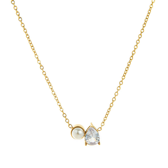 Wholesale Unisex Ancient Geometric Style Electroplated Stainless Steel Water Drop Pearl Zircon Pendant Ochain Necklace