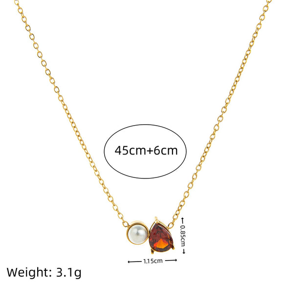 Wholesale Unisex Ancient Geometric Style Electroplated Stainless Steel Water Drop Pearl Zircon Pendant Ochain Necklace