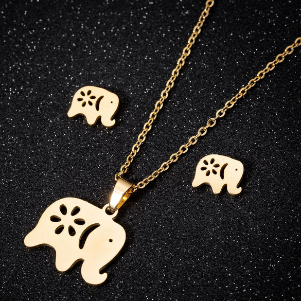 Wholesale Unisex Animal Series Stainless Steel Jewelry Set With Love Water Drops Bell Pattern Electroplated O Chain Necklace And Earrings