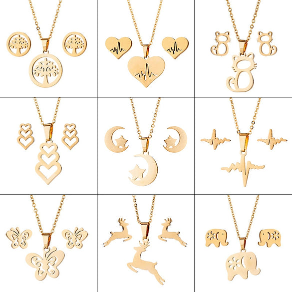 Wholesale Unisex Animal Series Stainless Steel Jewelry Set With Love Water Drops Bell Pattern Electroplated O Chain Necklace And Earrings