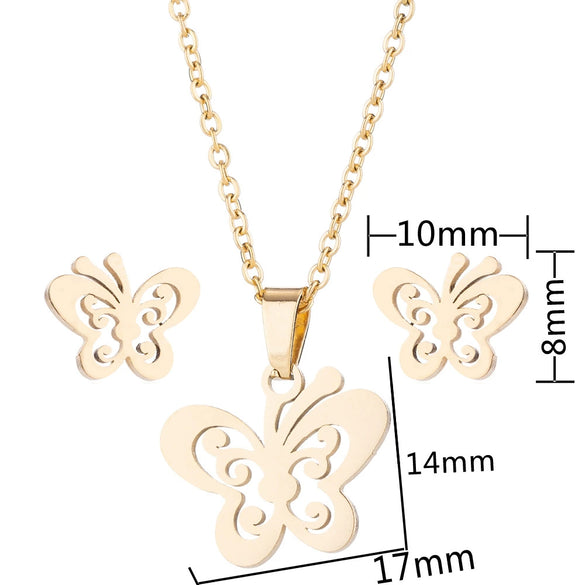 Wholesale Unisex Animal Series Stainless Steel Jewelry Set With Love Water Drops Bell Pattern Electroplated O Chain Necklace And Earrings