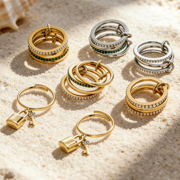 Wholesale Unisex Cold Style Geometric Stainless Steel Electroplated Micropaved Zircon Lock Key Tassel Open Stacked Ring