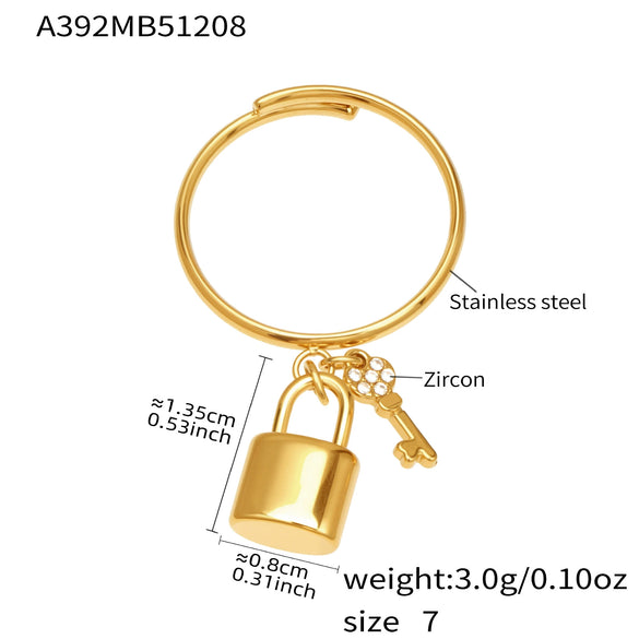 Wholesale Unisex Cold Style Geometric Stainless Steel Electroplated Micropaved Zircon Lock Key Tassel Open Stacked Ring